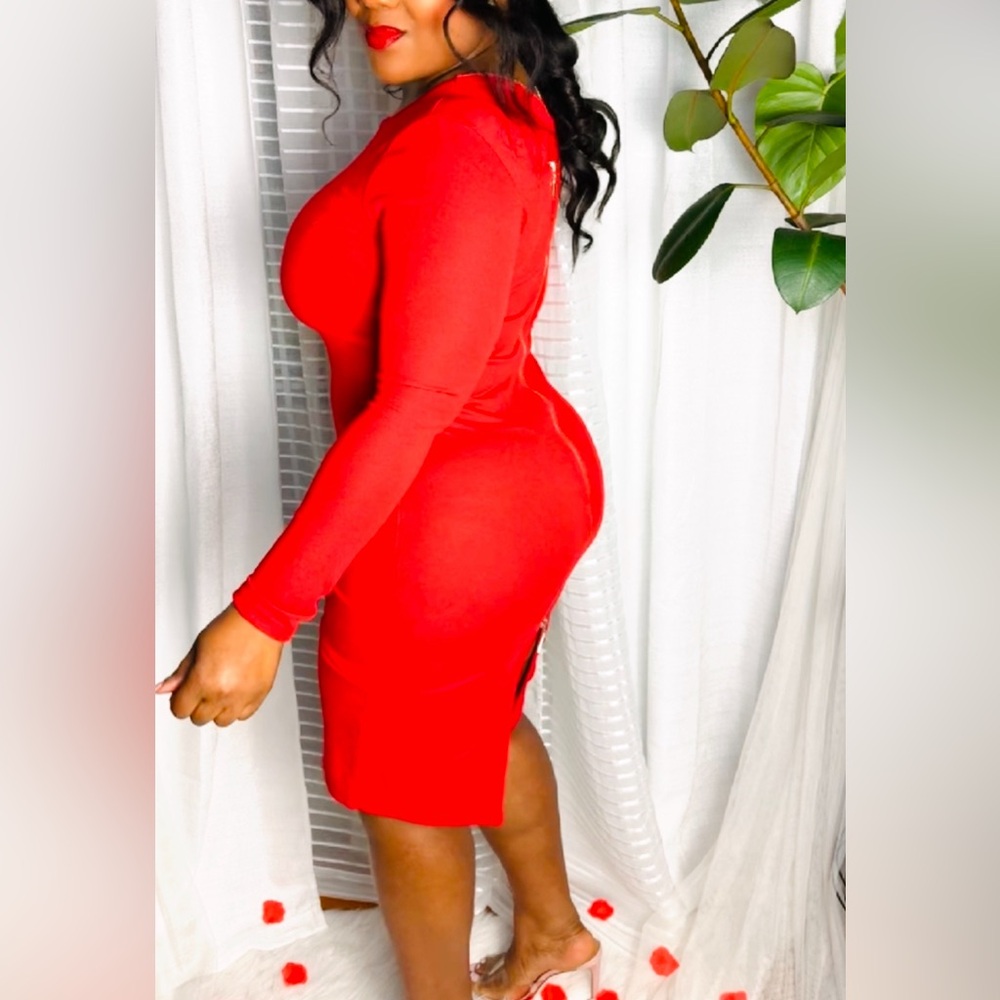 Red Zipper Back Sexy Long Sleeve Lightweight Stretch Pencil Dress